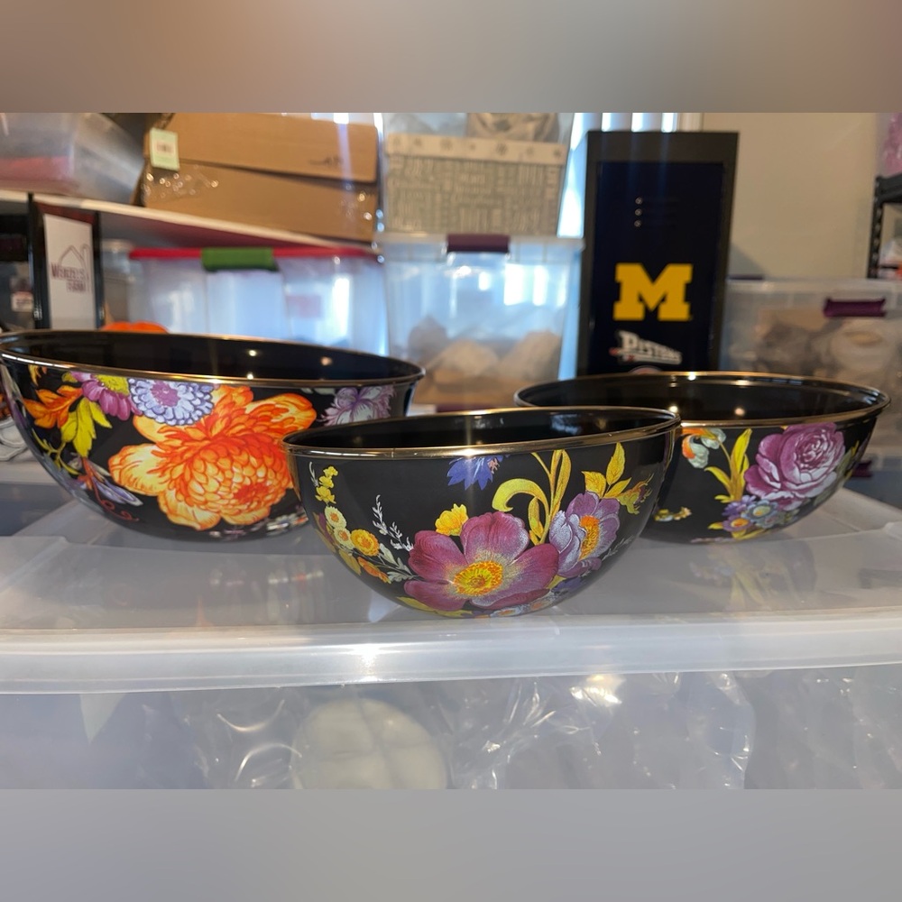 Mackenzie Childs black flower market mixing bowls